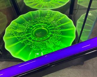 Yellow Uranium Glass Moser Vaseline Opalescent Glass with Grape/Vine Design Platter