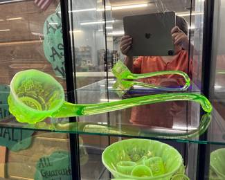 Yellow Uranium Glass Moser Vaseline Opalescent Glass Punch Bowl Ladle