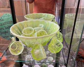 Yellow Uranium Glass Moser Vaseline Opalescent Glass with Grape/Vine Design Punch Bowl & Cups