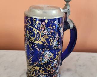 Moser Enamelled and Gilded Blue Glass Beer Stein 
