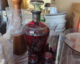 Italian ruby red decanter w glasses