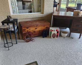 Vintage desk, cedar chest, tinsel trees
