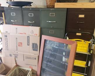 file cabinets, new boxes, wall mount train display case