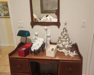 Desk, ceramic tree, Holy Family (3 piece, not a full nativity), Banker's desk lamp