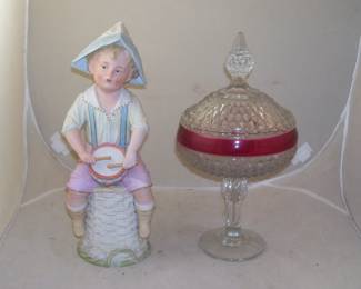Vintage Heubach "Drummer Boy" Bisque Figurine and Indiana Glass Candy Dish with Lid