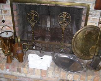 Copperware, Hollywood Regency Ice Bucket, Brass  Fireplace Andirons and Tool Set
