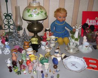 Miniature Pitcher Collection and Vintage Brass Table Lamp with Painted Glass Shade