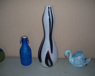Mid Century Vase, Blue Glass Milk Bottle, Mid Century Swan Planter