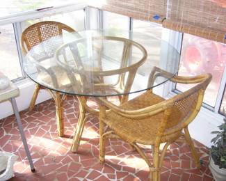 Rattan and Glass Dining Table with 2 Chairs