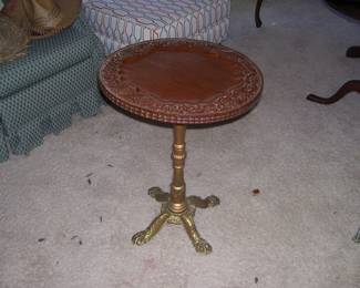 Vintage Round Carved Wood Table with Cast Iron Base