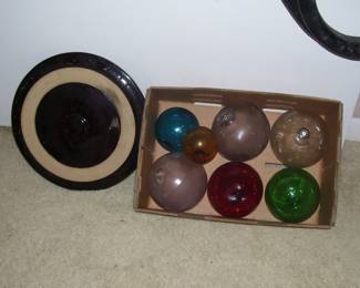 Stoneware 5 Gallon Crock Lid and Hand Blown Glass Balls