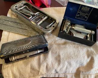 Antique Shaving Sets: Gillette Set with Silver-plated Shell case c. 1900; Rolls Razor Shaving Sharpener, England 1920’s; Vintage Wilkinson Sword, original case. 