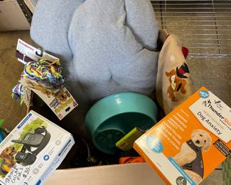 Dog bed, bowls, toys, sweater, Training Collar, complete in box , Thunder Shirt