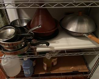 Tagine (Fair-Trade, Ten Thousand Villages), with gas flame diffuser plate, Wok, assorted cookware, metal bowls