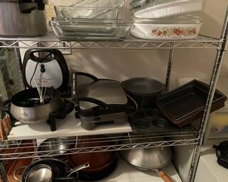 T-Fal Waffle Maker, like new; Rival Electric Fondue, excellent; Cuisinart Countertop Grill, good; Corningware and Pyrex Baking/Casserole/Pie plates, Assorted bakeware, Pressure Cooker