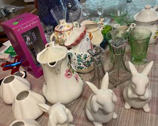 China, Vintage Crystal bowls and pitcher, Green Depression Glass items, Pair of large Fair-Trade Handmade Blue Mosaic Vases. 