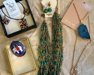 New Jewelry: Murano Glass Necklace/Earrings; Handpainted Enamel Elephant Pendant Thailand; Blue Quartz Pendant, Fun Glass beaded Neclace/Earrings