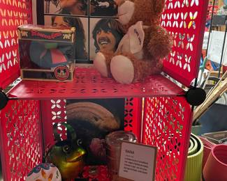 MousekeEars collectible, Australian Leather Wallet, cute painted metal frog watering can, metal Beatles album pic.