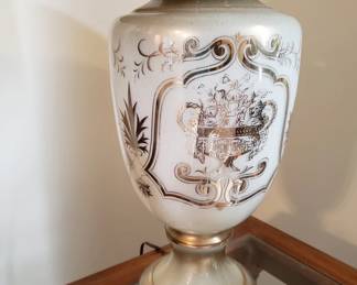 One of two matching mid-century lamps with new shades