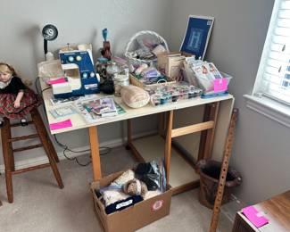 Sewing table, notions, yarn, fabric, and Serger