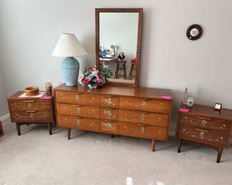 Drexel mid-century modern dresser with mirror and two matching nightstands