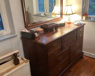 Vintage Drexel king bed, dresser & mirror, and bureau