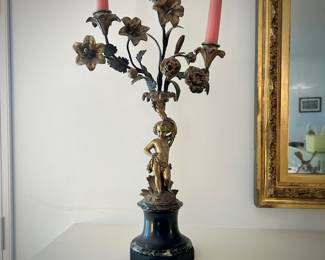 One of two antique French candelabras w/ marble bases