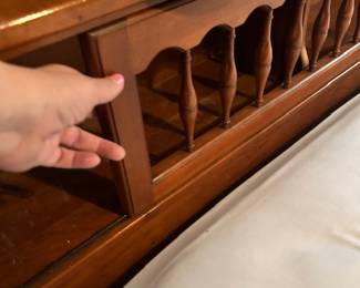 Vintage Drexel king bed, dresser & mirror, and bureau. King bed has shelf in headboard, with sliding doors