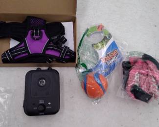 Miscellaneous Pet Lot, Includes Bark Control Device, Ball, Socks, And Harness