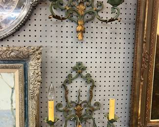 Pr of Antique Green & Gold Bronze Sconces $125