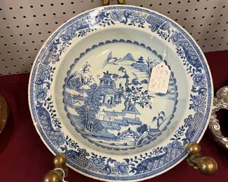 18th C Chinese Export Blue/White Basin $450 Brass Stand $85