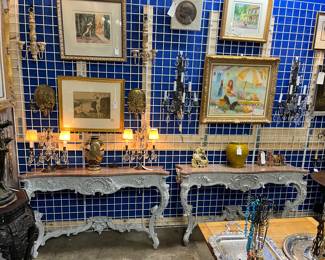 Pair of Painted 19th C Marble Top Consoles $650 Pr.