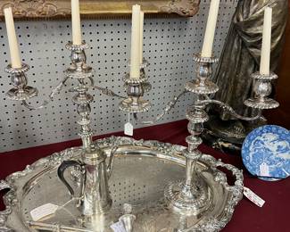 Pr. Antique 3 Lite English Silver Candelabra $175