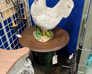 19th C Iron & Wood Table $145 Porcelain Rooster $75