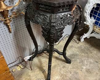 Antique Chinese Wood Carved and Marble Inset Pedestal $275