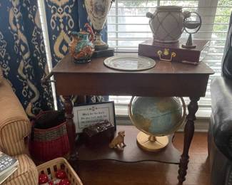 Antique washstand, globe, antique lamp