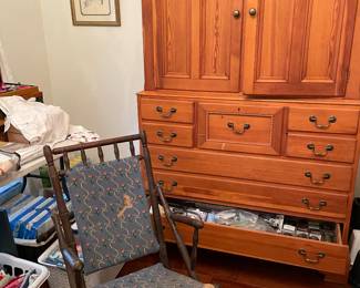 Antique rocker, pine chest on chest