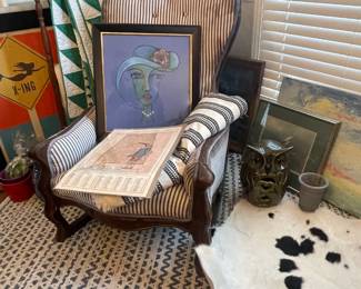 Victorian rocker, quilt rack, hide rug