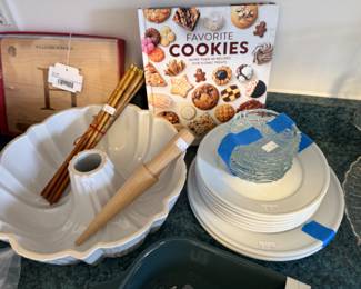 Williams-Sonoma Plates and Bundt Ceramic Dish, Vintage Chopsticks with Metal Tips, Williams-Sonoma 