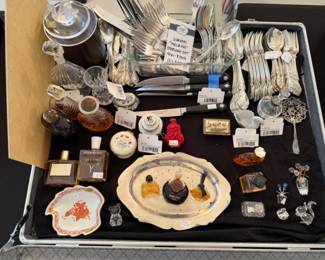 Gorham Melross Sterling Set, Yves Saint Laurent Y Eau De Toilette (Vintage), Eau De Joy Jean Patou (Vintage), Vintage Limoges Trinket Box, Baccarat Perfume Bottle, Atlantis Perfume Bottle, Lalique Swan Trinket Dish
