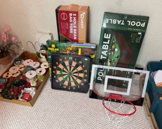 Basketball Hoop, Mini Pool Table, Bean Bag Toss, Dart Board, Ribbon