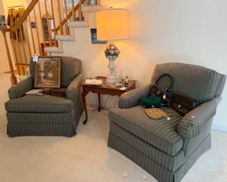 Gino Milani Oil on Canvas,   Women's Vintage Purses, French Provincial Style Tea Table, Striped chairs, table lamp
