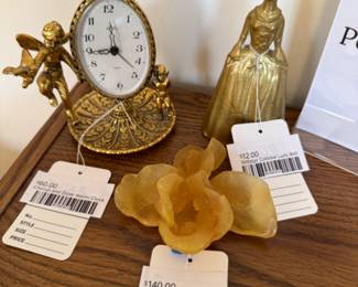 Crystal Iris Daum France,  Vintage Colonial Lady Bell, Cherub and Dove Alarm Clock
