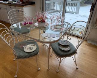 Vintage Wrought Iron Bistro Chair Set, Porcelain Apples Centerpiece