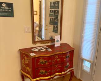 Painted Chinoiserie Chest, Venetian-Style Silver Leaf Mirror