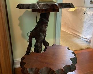 Carved wooden two tier plant stand