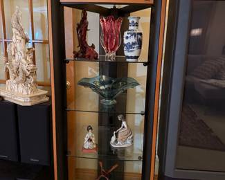 glass and wood and metal shelving unit $250