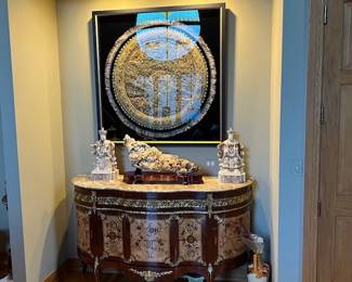 Tapestry SOLD, Middle Statue $4000 Right and Left Statues $900 each marble gilded French side buffet $2500