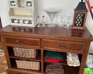 Cabinet, Linens, Shelf, Lantern, Waterford Salt & Pepper, Candle Holders, Cut Glass Vase