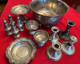 Large Sterling Silver Bowl, Candle Holders, Salt & Pepper Shakers, Sugar & Creamer